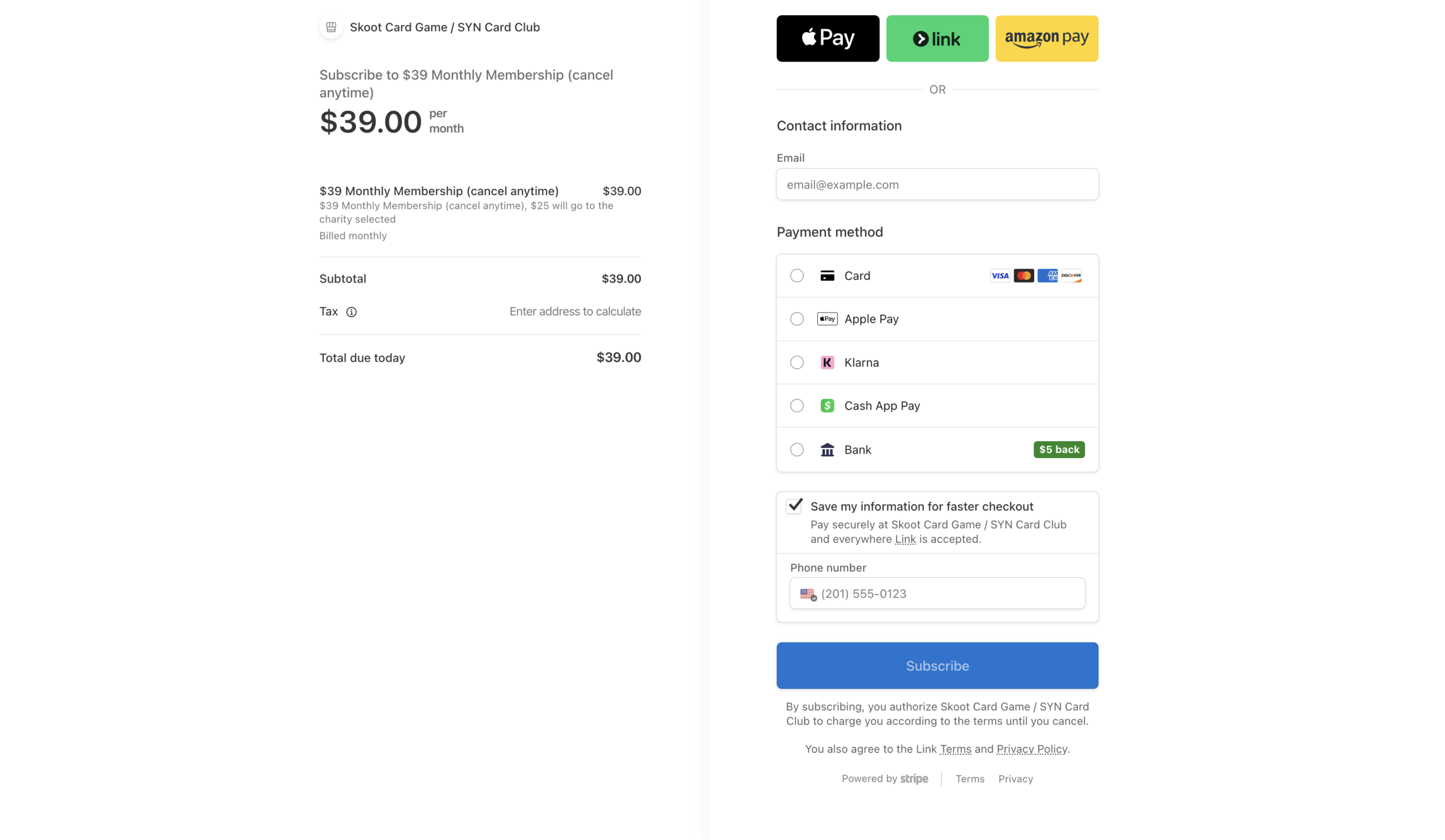 Shift Tech portfolio — SYN Card Club eCommerce Stripe checkout